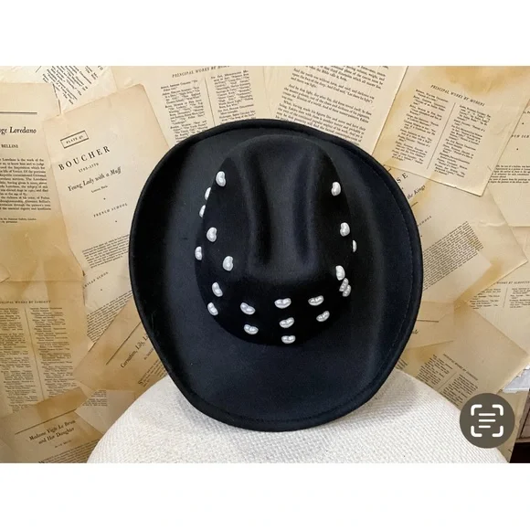 Anthropologie Heart Pearls Rancher Hat Beaded Crown Wool  display picture 3
